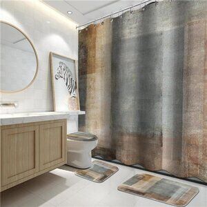 4 Piece Bathroom Shower Curtain Set with Rugs Toilet Lid Cover Brown Gradient